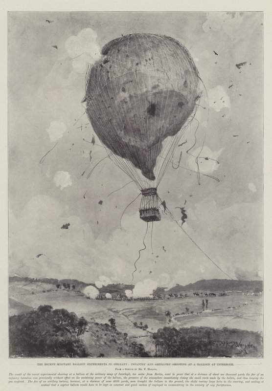Die jüngsten Militärballon-Experimente in Deutschland, Infanterie und Artillerie schießen auf einen Ballon in Interbogk von Henry Charles Seppings Wright