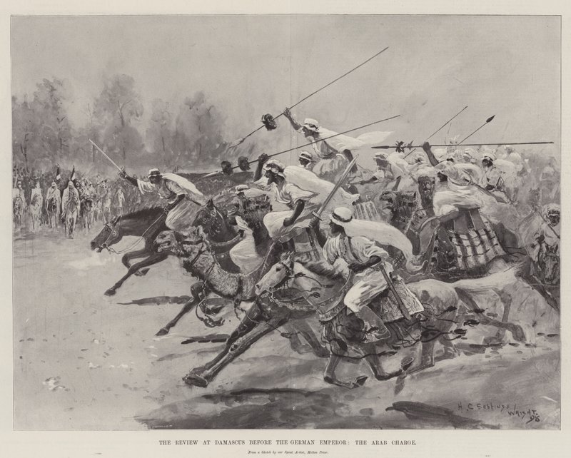 Die Parade in Damaskus vor dem deutschen Kaiser, der arabische Angriff von Henry Charles Seppings Wright