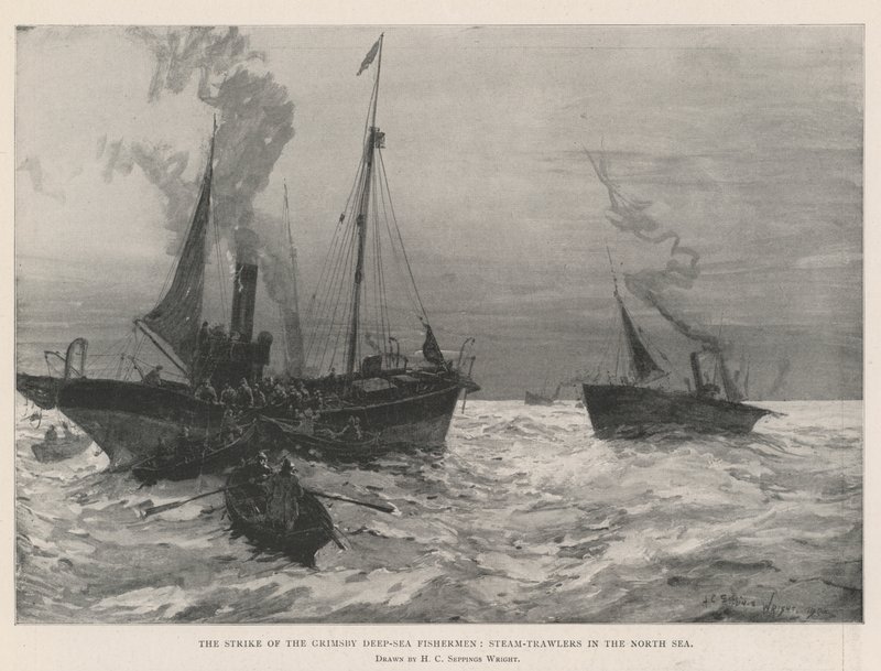 Der Streik der Grimsby Hochseefischer, Dampfschlepper in der Nordsee von Henry Charles Seppings Wright