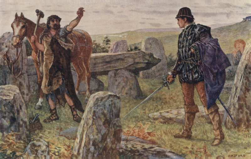 Tressilian sprang mit dem Schwert in der Hand auf, rannte um das Dickicht und konfrontierte einen Mann in einer Schmiedeschürze von Henry Justice Ford