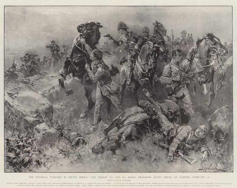 Der Guerillakrieg in Südafrika, das Missgeschick der 2. Royal Dragoons (Scots Greys) bei Klippan, 18. Februar von Hermanus Willem Koekkoek