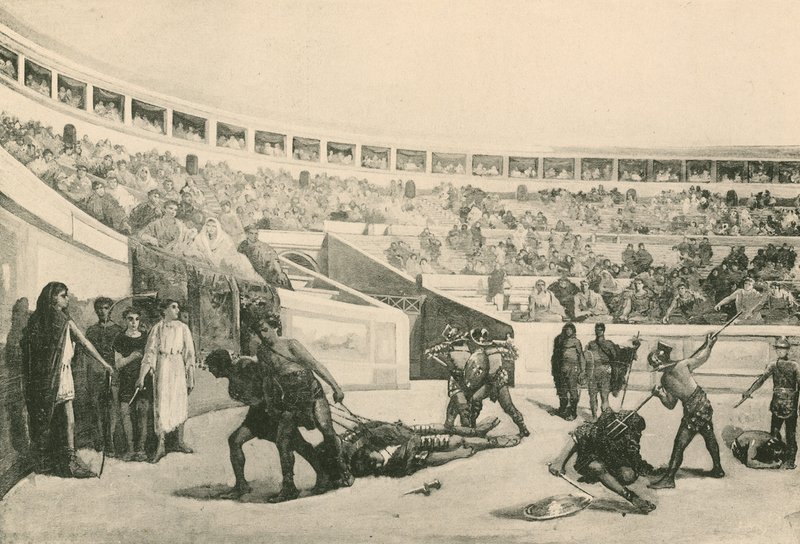 Ein Gladiatorenkampf im Amphitheater (Gravur) von Italian School