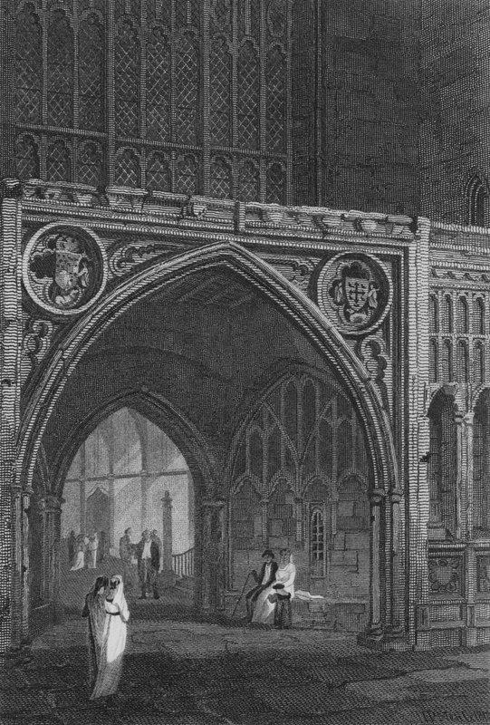Westminster Hall, Ost-Eingang (Stich) von John Preston Neale