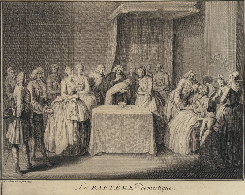 Eine häusliche Taufe (Stich) von Jakob van der Schley