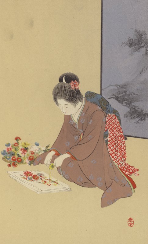 Ein junges Mädchen spielt mit Chrysanthemen von Japanese School