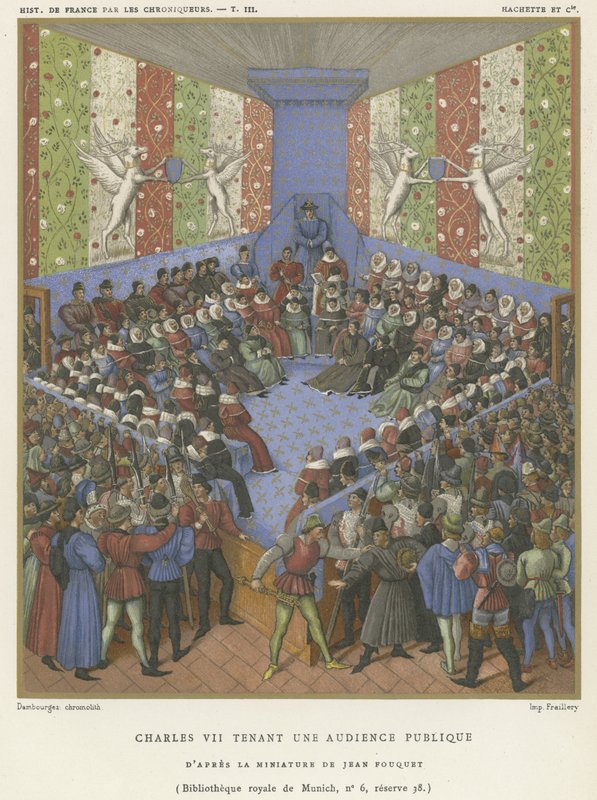 Karl VII. hält eine öffentliche Audienz (Chromolithographie) von Jean Fouquet