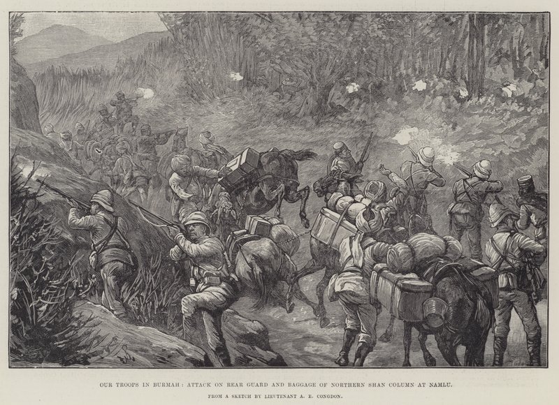Unsere Truppen in Birma, Angriff auf die Nachhut und das Gepäck der nördlichen Shan-Kolonne bei Namlu von Johann Nepomuk Schonberg