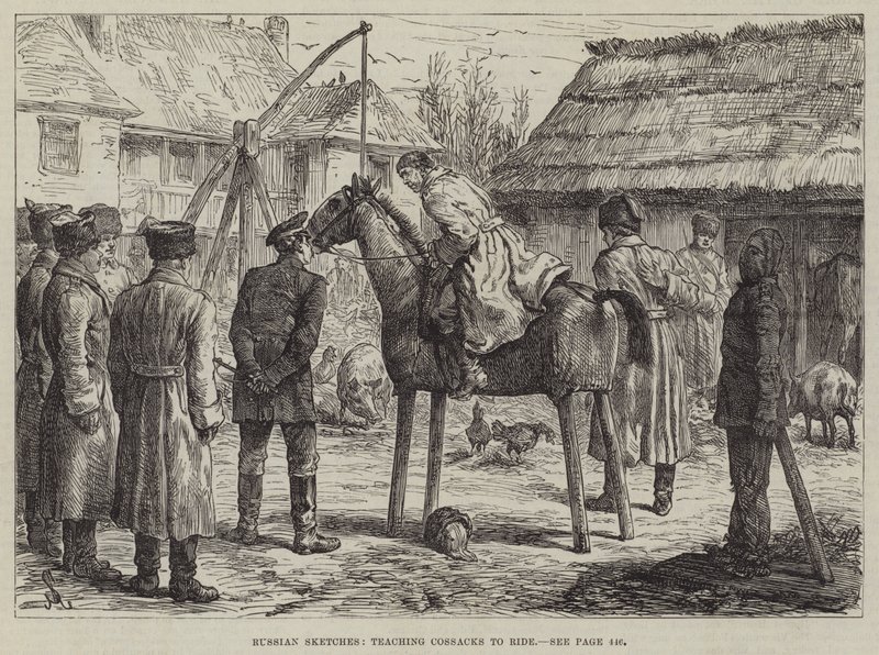 Russische Skizzen, Kosaken das Reiten beibringen von Johann Nepomuk Schonberg