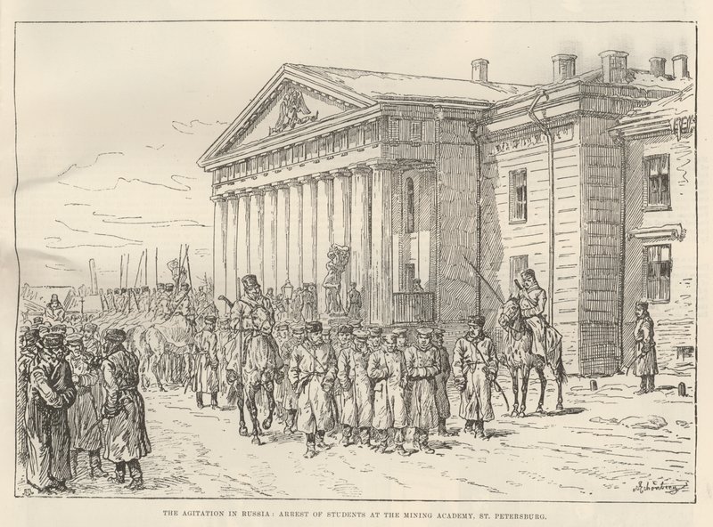 Die Unruhen in Russland, Verhaftung von Studenten an der Bergbauakademie, St. Petersburg von Johann Nepomuk Schonberg