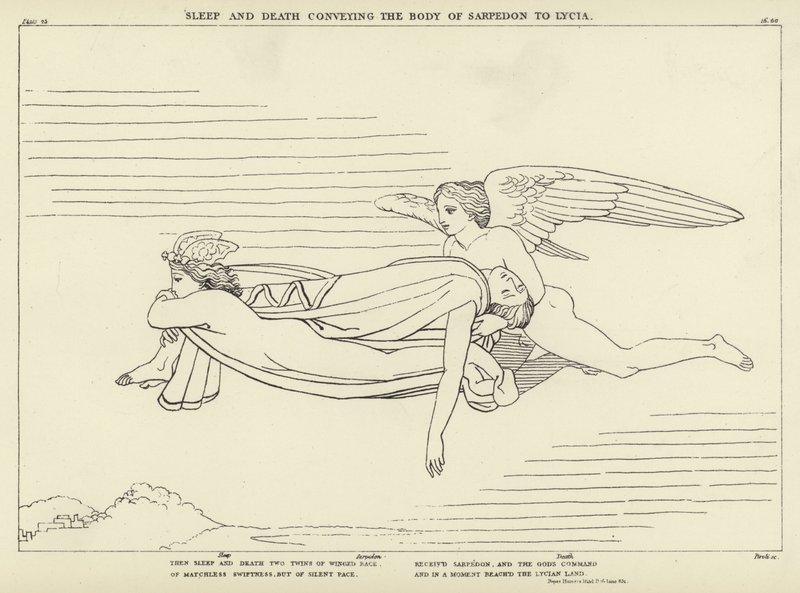 Schlaf und Tod bringen den Körper von Sarpedon nach Lykien von John Flaxman
