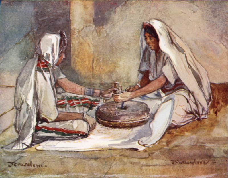 Zwei Frauen mahlen an einer Handmühle von John Fulleylove