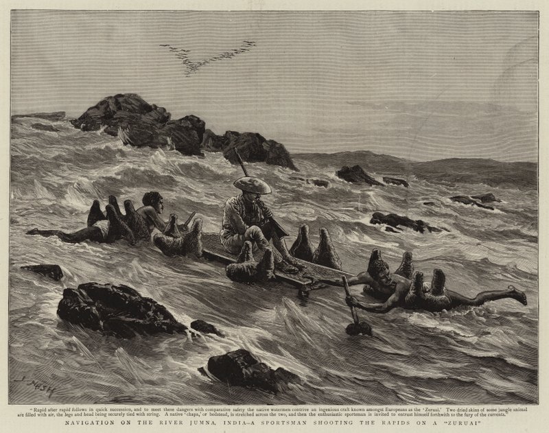 Navigation auf dem Fluss Jumna, Indien, ein Sportler schießt die Stromschnellen auf einem Zuruai von Joseph Nash