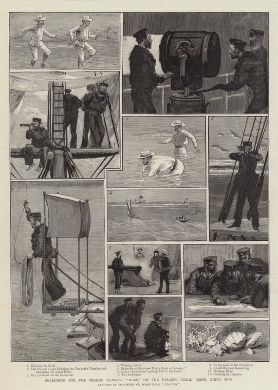 Suche nach dem vermissten Kanonenboot Wasp, auf den Parcel-Korallenriffen, Chinesische Meere von Joseph Nash