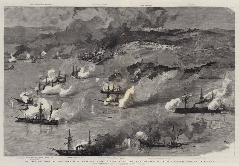 Die Zerstörung des Foochow-Arsenals und der chinesischen Flotte durch das französische Geschwader unter Admiral Courbet von Joseph Nash
