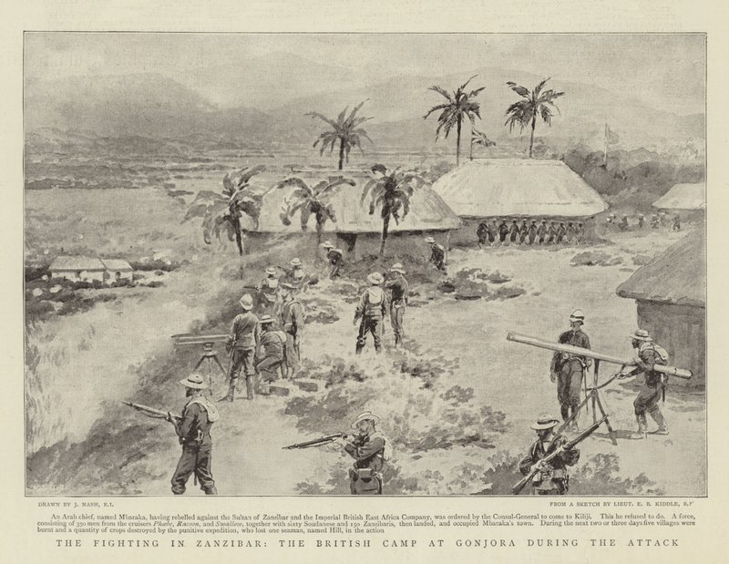 Die Kämpfe in Sansibar, das britische Lager in Gonjora während des Angriffs von Joseph Nash
