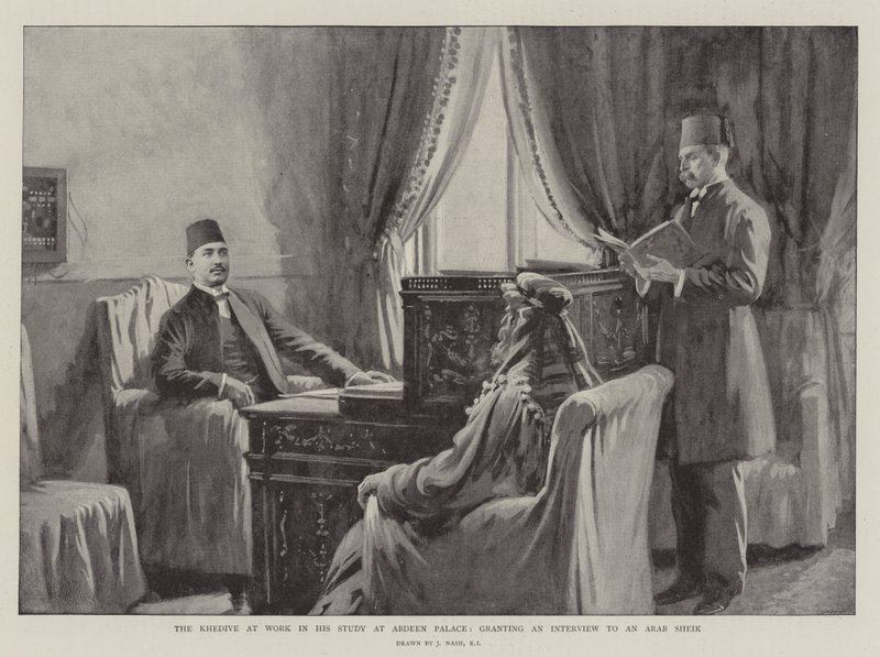 Der Khedive bei der Arbeit in seinem Arbeitszimmer im Abdeen-Palast, ein Interview mit einem arabischen Scheich gewährend von Joseph Nash