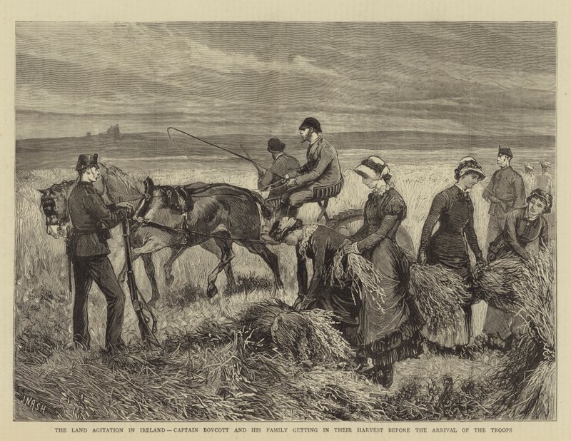 Die Landagitation in Irland, Captain Boycott und seine Familie holen ihre Ernte ein vor der Ankunft der Truppen von Joseph Nash