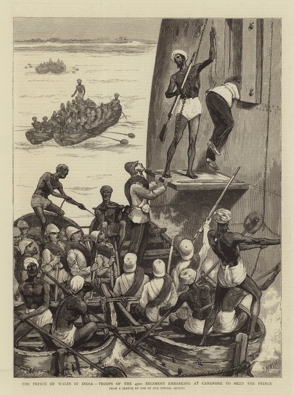 Der Prinz von Wales in Indien, Truppen des 43. Regiments gehen in Cananore an Bord, um den Prinzen zu treffen von Joseph Nash