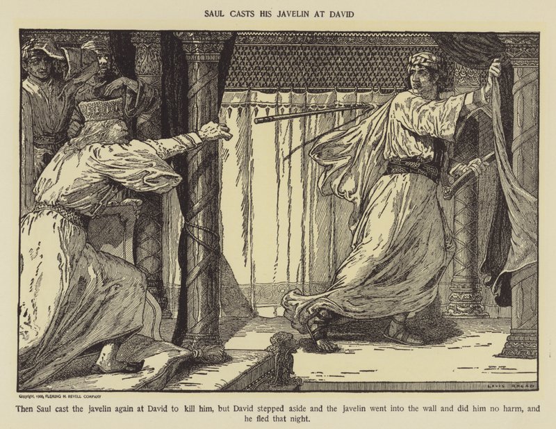 Saul wirft seinen Speer auf David von Louis John Rhead