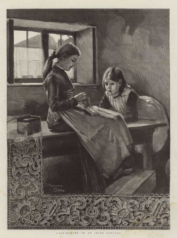 Spitzenherstellung in einer irischen Hütte von Marianne Stokes