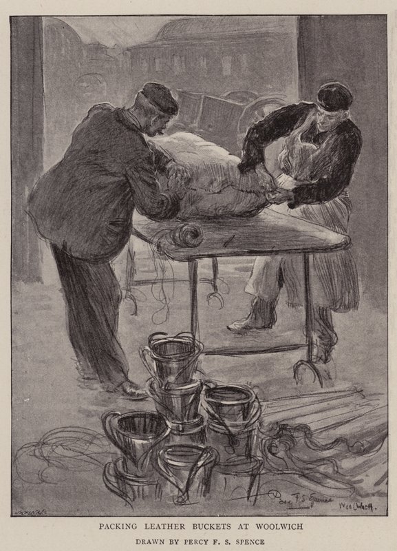 Verpackung von Lederkübeln in Woolwich von Percy F.S. Spence