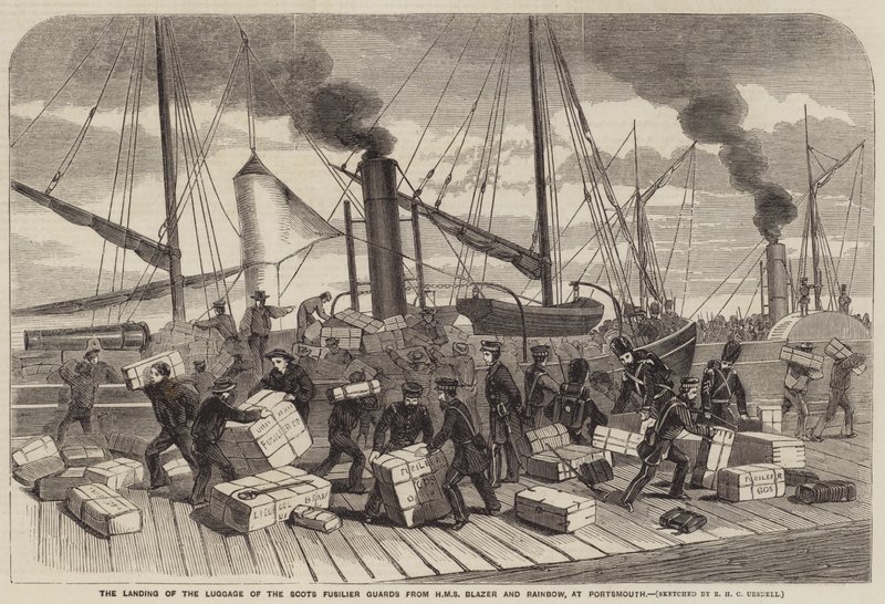 Das Entladen des Gepäcks der Scots Fusilier Guards von der HMS Blazer und Rainbow in Portsmouth von Richard Ubsdell