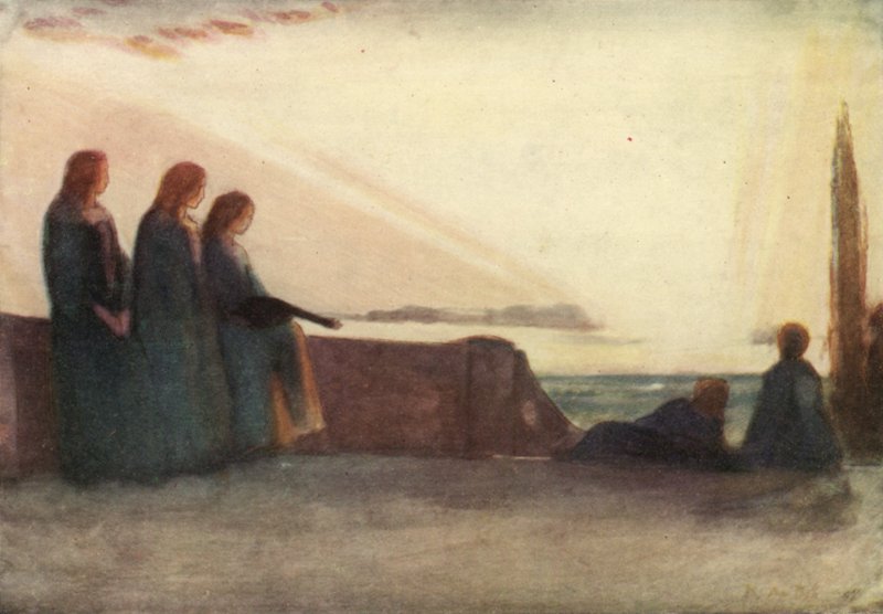 Nun verblasst die schimmernde Landschaft in der Nacht, und die Luft hält eine feierliche Stille von Robert Anning Bell