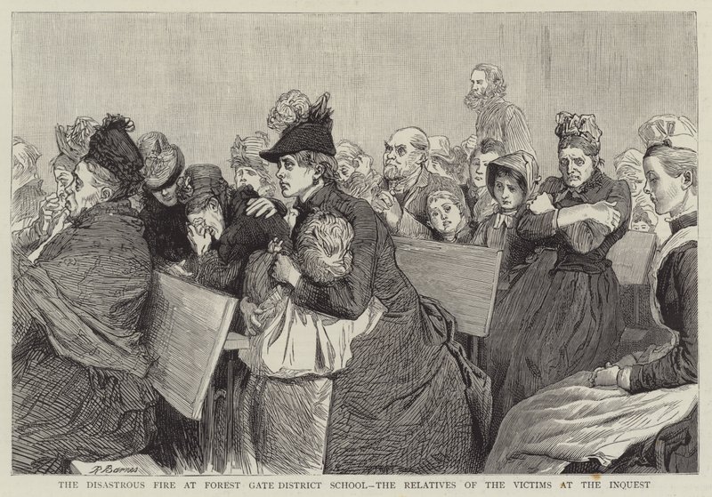 Das katastrophale Feuer in der Forest Gate District School, die Verwandten der Opfer bei der Untersuchung von Robert Barnes