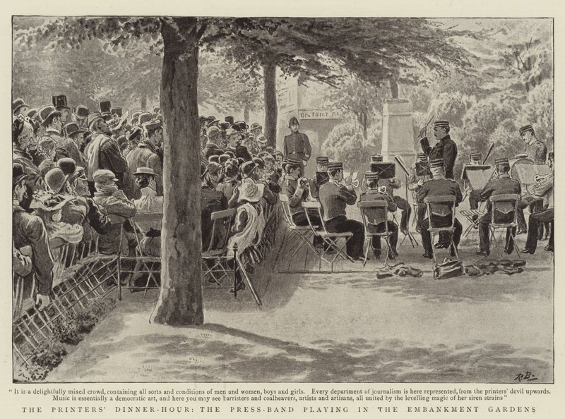 Das Mittagessen der Drucker, die Pressenband spielt in den Embankment Gardens von Robert Barnes