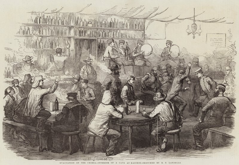 Evakuierung der Krim, Innenansicht eines Cafés in Kadikoi von Robert Thomas Landells