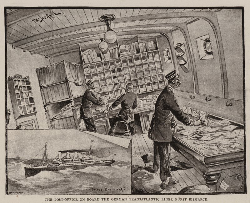 Das Postamt an Bord des deutschen Transatlantikliners Fürst Bismarck von Stoewer Willy