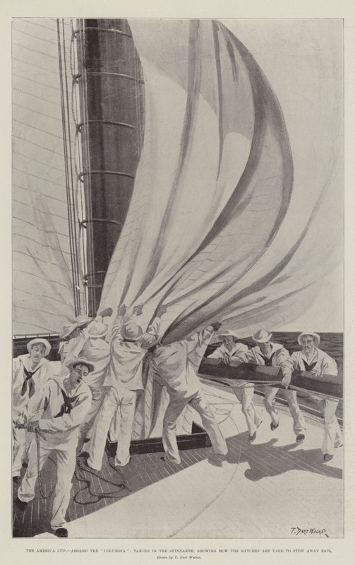 Der America Cup, an Bord der Columbia, Einholen des Spinnakers, zeigt wie die Luken zum Verstauen des Segels genutzt werden von T. Dart Walker