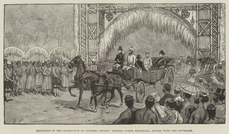 Empfang des Zarewitsch in Colombo, Ceylon, unter Triumphbögen mit dem Gouverneur von Walter Paget