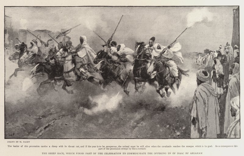Das Land der Mauren, das Schafrennen, das Teil der Feier zur Erinnerung an das Opfer von Isaak durch Abraham ist von Walter Stanley Paget