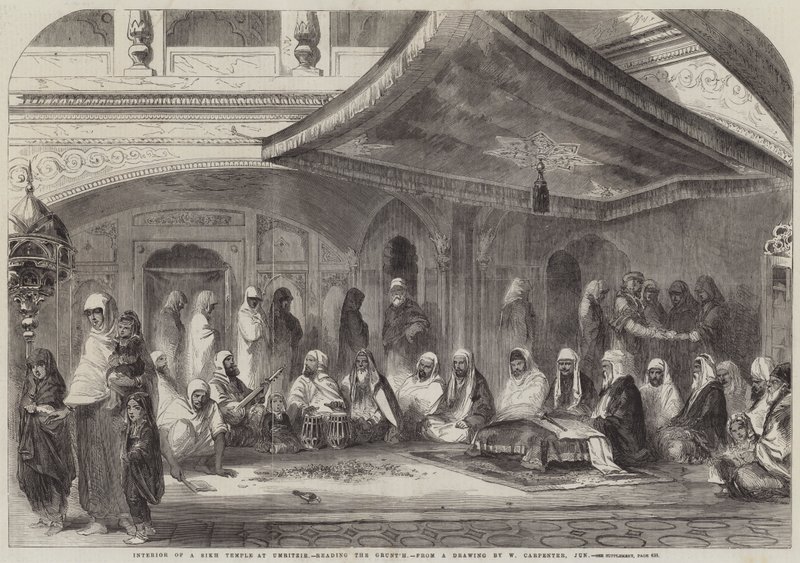 Innenraum eines Sikh-Tempels in Umritzir, beim Lesen des Grunt