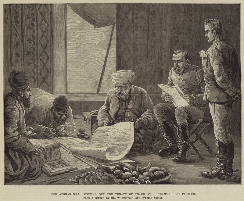 Der Afghanische Krieg, das Schreiben des Friedensvertrags in Gundamuk von William Crimea Simpson