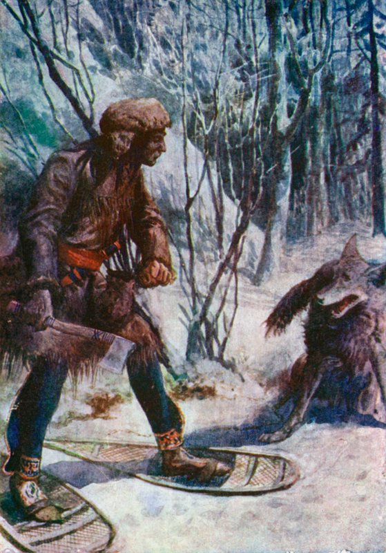 Ein großer Wolf springt auf ihn zu, landet fast zu seinen Füßen von William Henry Charles Groome
