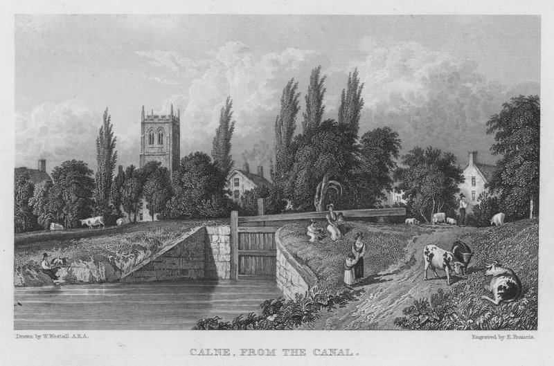 Calne, vom Kanal aus (Stich) von William (after) Westall