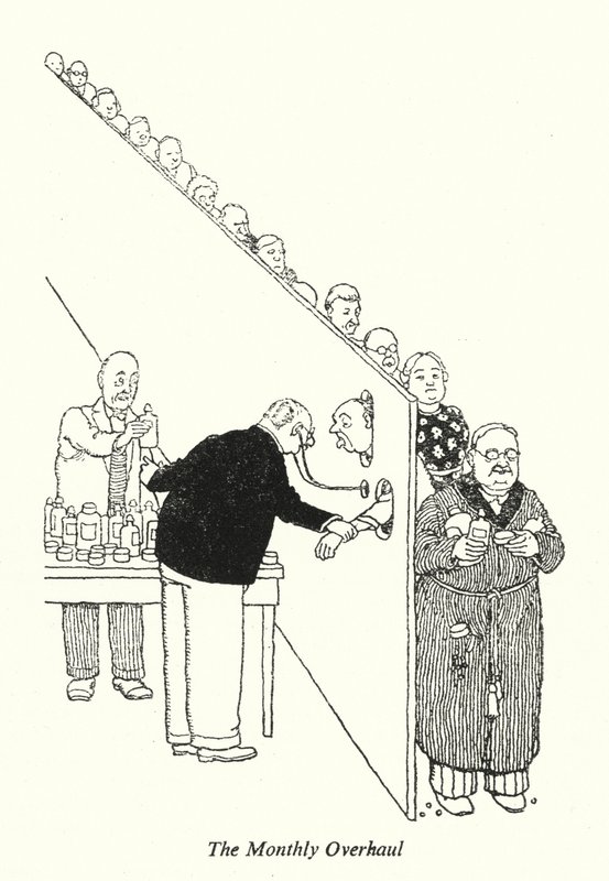 Der monatliche Überholungscheck (Lithografie) von William Heath Robinson