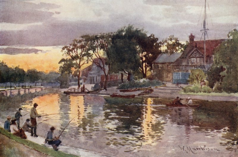 Universitäts-Bootshäuser an der Cam, Sonnenuntergang von William Matthison
