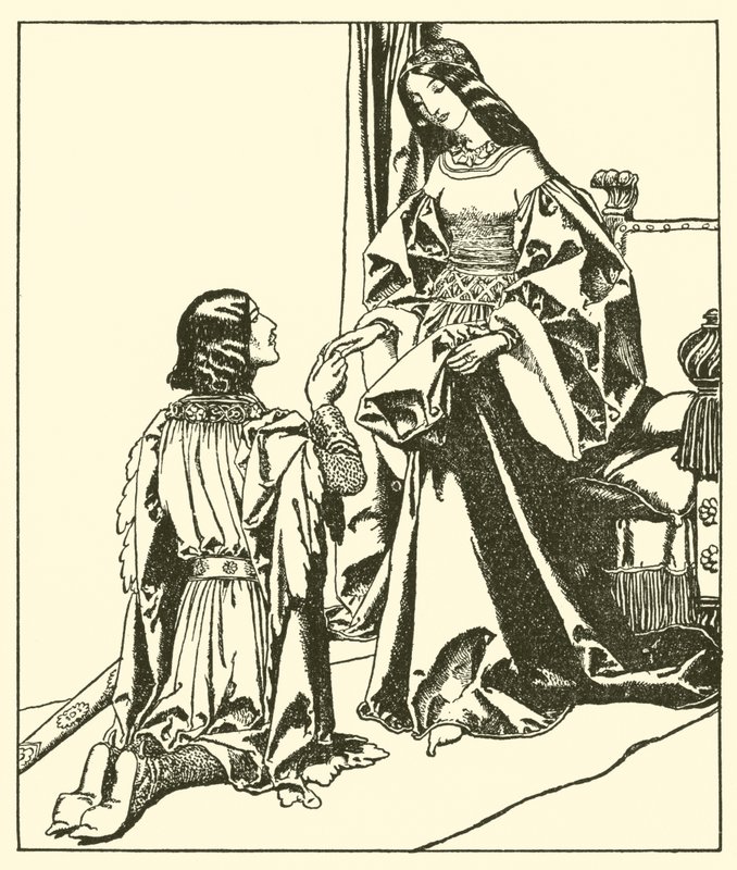 Sir Launcelot begrüßt Königin Guinevere von after Howard Pyle